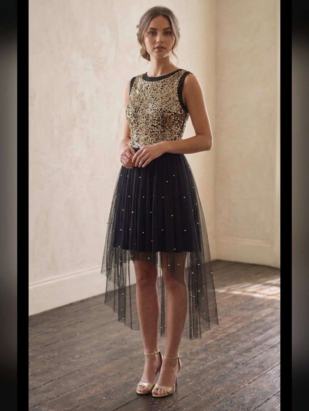 DARLING Mandy Dress London Party Cocktail High Low Gold Sparkly Dress Goth Black